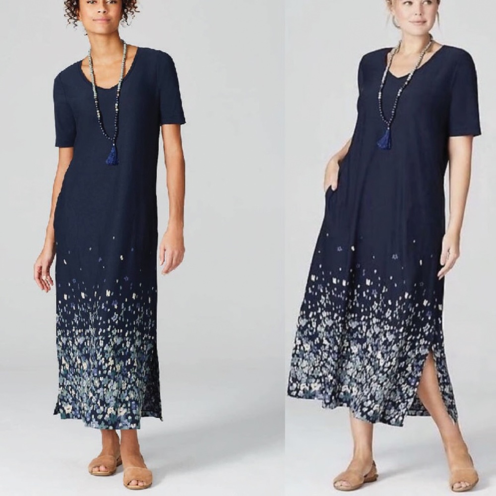 J.Jill Pure Jill Floral Border-Print Maxi Dress Short Sleeve Size M Pockets